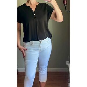 Dana Buchman Black Rolled Cuff Short Sleeve Textured Hi-Low Womens Top/Blouse